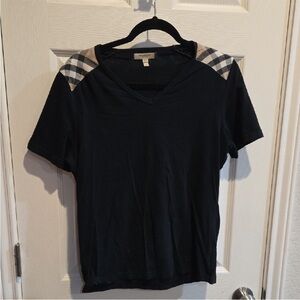 Black V-Neck T-Shirt with Plaid Shoulders